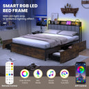 Twin/Full/Queen Bed Frame with LED Lights Upholstered Headboard and 4 Storage Drawers by LJGDeals