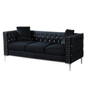 82.3" Width Modern Velvet Sofa Jeweled Buttons Tufted Square Arm Couch Black, 2 Pillows Included