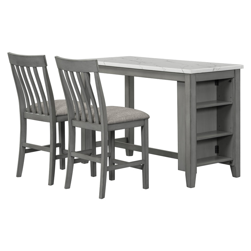 3-piece Counter Height Dining Table Set with Built-in Storage Shelves, One Faux Marble Top Dining Table and 2 counter chairs with footrest,Grey