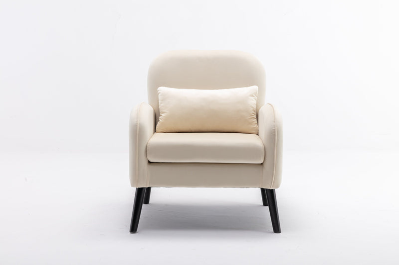 Accent chair, KD solid wood legs with black painting. Fabric cover the seat. With a cushion.