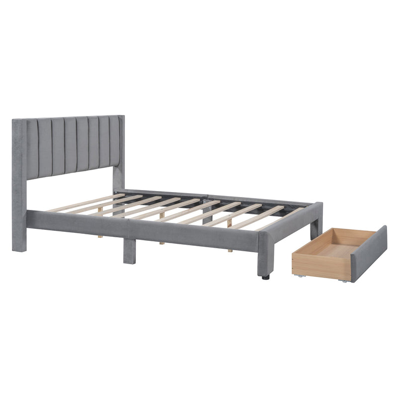 Walker Edison - Full Size Storage Bed Velvet Upholstered Platform Bed with a Big Drawer - Gray