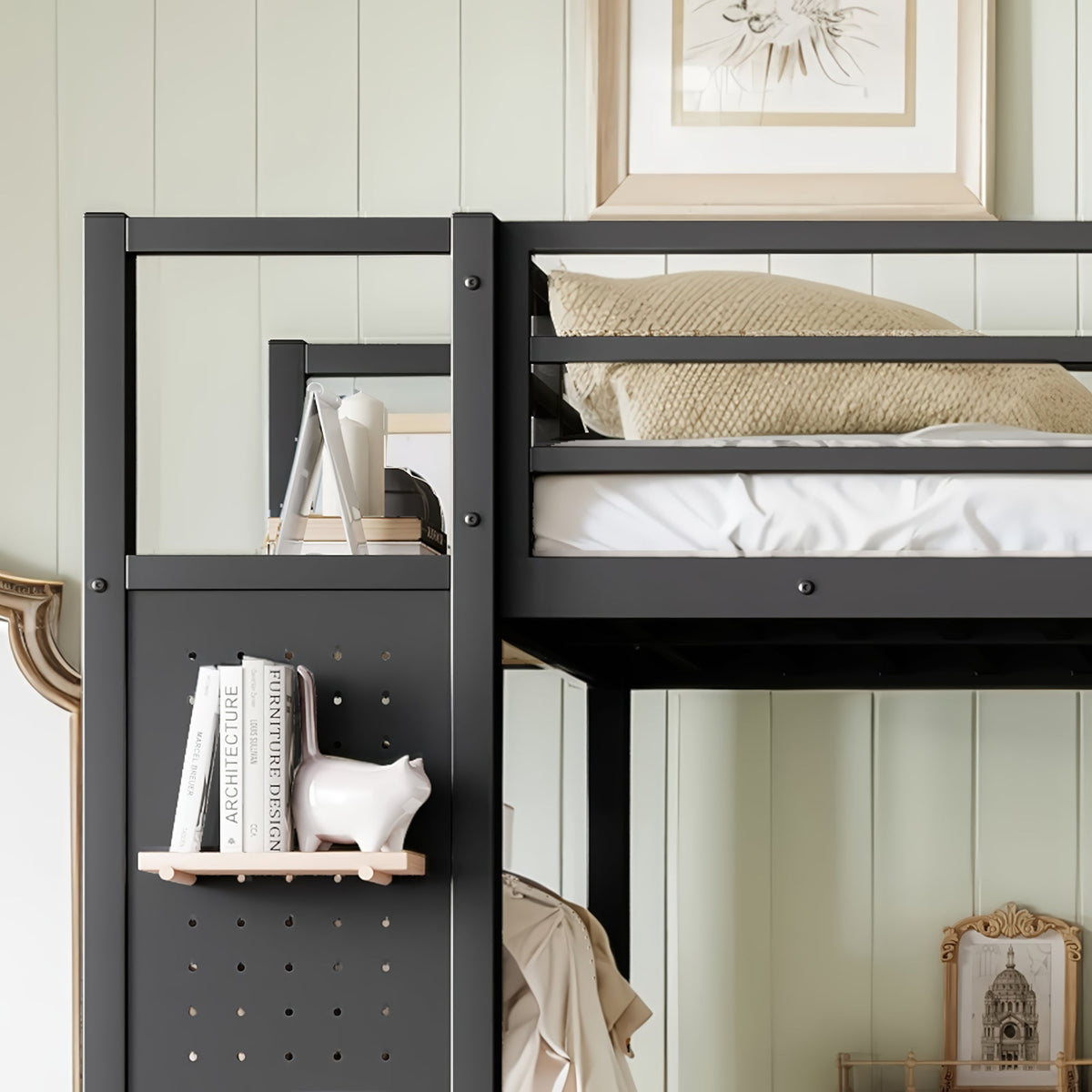Twin XL Size Loft Bed Frame with Wardrobe and Shelves, photo 4 of 10
