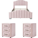 3 Pieces Bedroom Sets Full Size Velvet Upholstered Platform Bed Vertical Channel Tufted Headboard and Two Three-drawer Nightstands,Pink