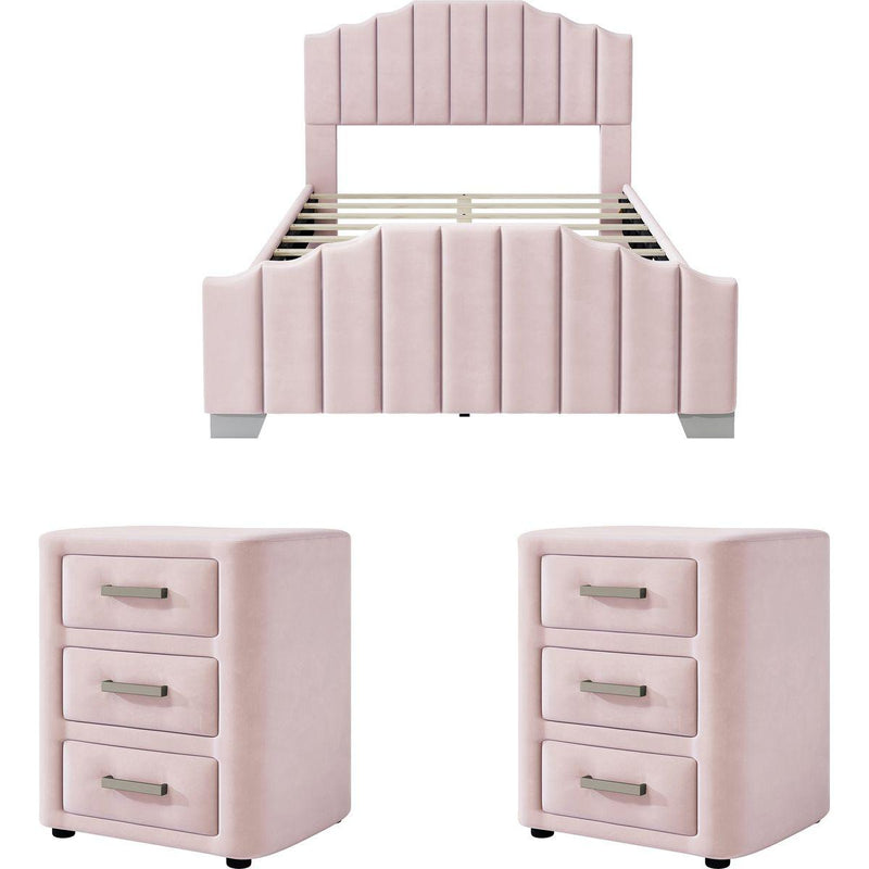 3 Pieces Bedroom Sets Full Size Velvet Upholstered Platform Bed Vertical Channel Tufted Headboard and Two Three-drawer Nightstands,Pink