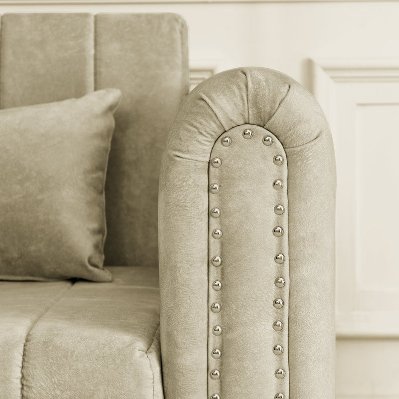 3 in 1 Pull-Out Bed Sleeper, Modern Upholstered 3 Seats Lounge Sofa & Couches with Rolled Arms Decorated with Copper Nails, Convertible Futon 3 Seats Sofabed with Two Drawers and Two Pillows