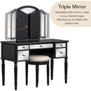 43" Dressing Table Set with Mirrored Drawers and Stool, Tri-fold Mirror, Makeup Vanity Set for Bedroom, Black