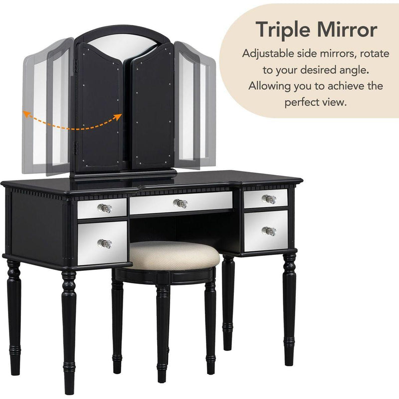 43" Dressing Table Set with Mirrored Drawers and Stool, Tri-fold Mirror, Makeup Vanity Set for Bedroom, Black