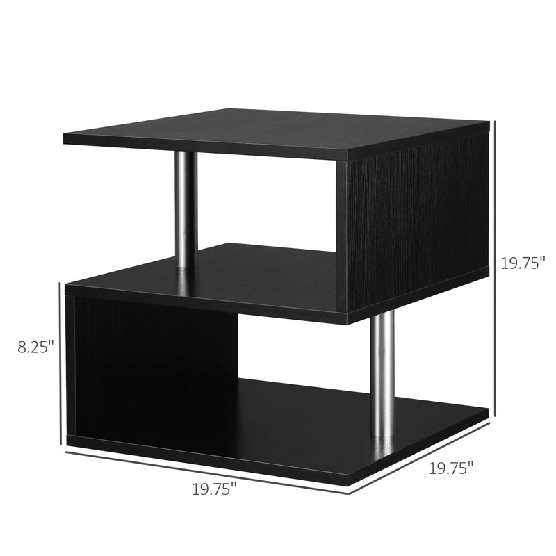 20" Modern End Table, Accent Side Table, S-Shaped Coffee Table with Storage Shelf and Steel Poles, Black
