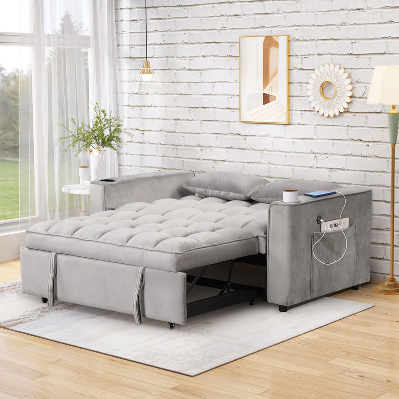 55.3" 4-1 Multi-functional Sofa Bed with Cup Holder and USB Port for Living Room or Apartments, Gray