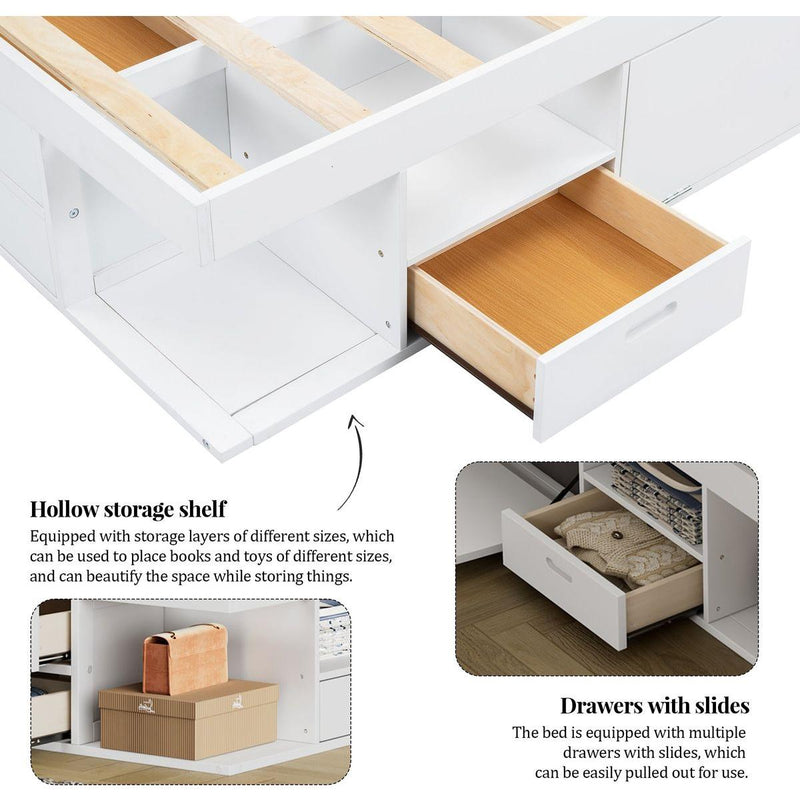 Storage Platform Bed Frame with Multiple Drawers and Shelves No Box Spring Needed, Queen Size,White