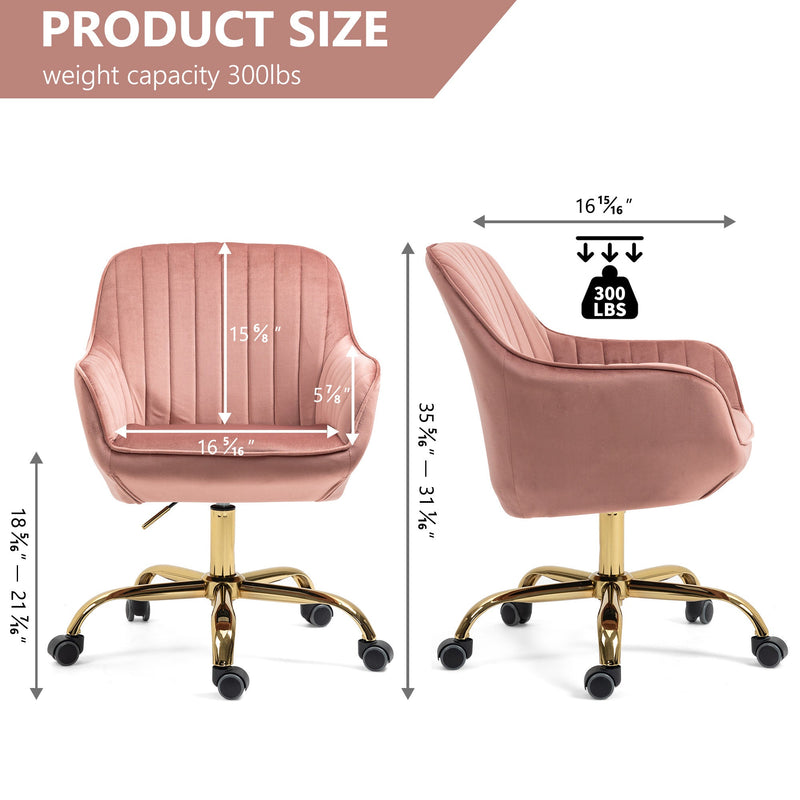 360 Pink Velvet Swivel Chair With High Back, Adjustable Working Chair With Golden Color Base