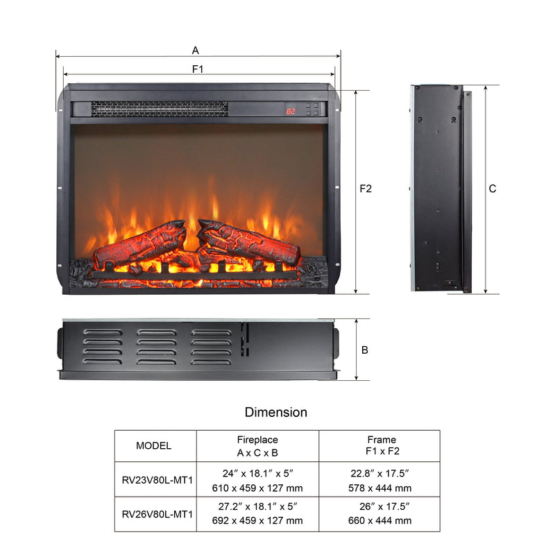 23 inch electric fireplace insert, ultra thin heater with log set & realistic flame, remote control with timer, overheating protection