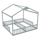 Double Twin House-Style Floor Bed with Fence, Guardrails, without door, Grey(Old Sku:W504P143316)