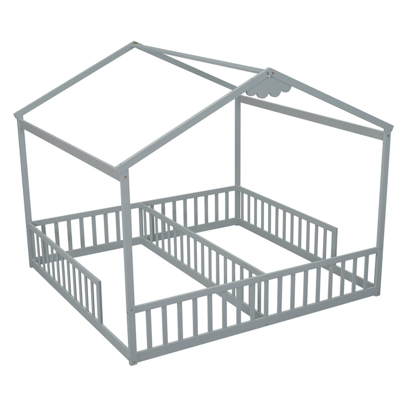 Double Twin House-Style Floor Bed with Fence, Guardrails, without door, Grey(Old Sku:W504P143316)