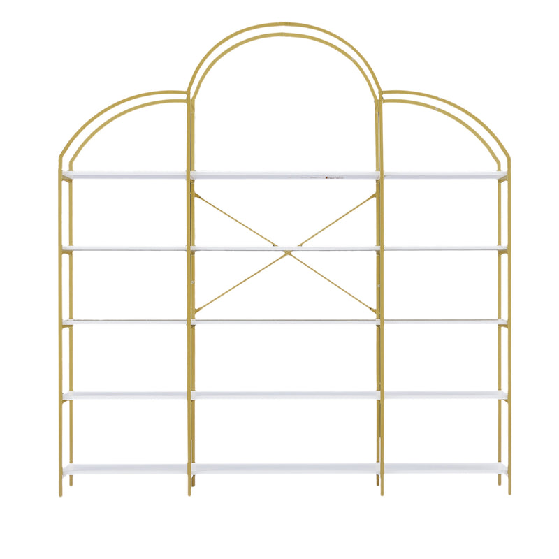 74.8 Inch 5 Tiers Office Bookcase Bookshelf, Display Shelf with Round Top, X Bar Gold Frame