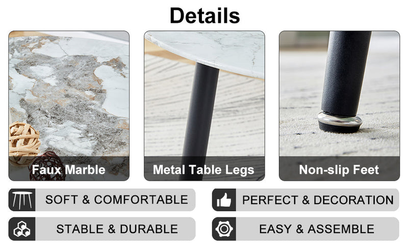 A modern minimalist circular dining table with a diameter of 40 inches, a 0.3 inch thick imitation marble pattern tabletop and black metal legs 40 'x 40' x 30 'DT-1164