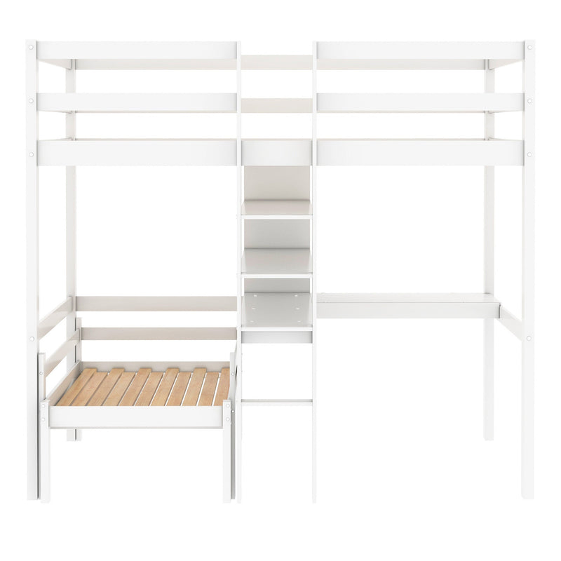 Convertible Loft Bed with L-Shape Desk, Twin Bunk Bed with Shelves and Ladder, White