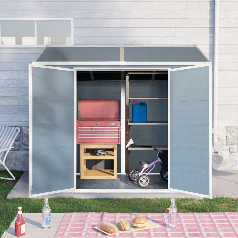 8x4ft Resin Outdoor Storage Shed with Two-Window and Double-Door,Plastic Shed with Floor for Gargen,Patio,Yard,Lawn,Grey
