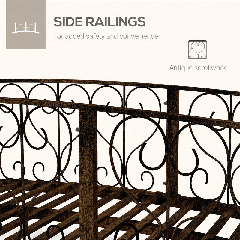 7' Metal Arch Garden Bridge with Safety Siderails, Decorative Arc Footbridge with Delicate Scrollwork "S" Motifs for Backyard Creek, Stream, Fish Pond, Bronze