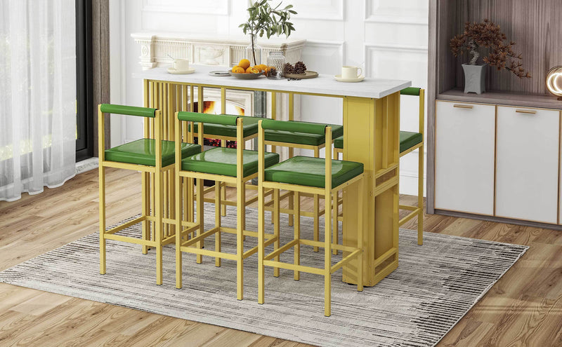 7-Piece Multi-Functional Modern Counter Height Dining Bar Table Set with Open Shelves and 6 Upholstered Stools for Dining Room, Bar and Cafe (White and Green)