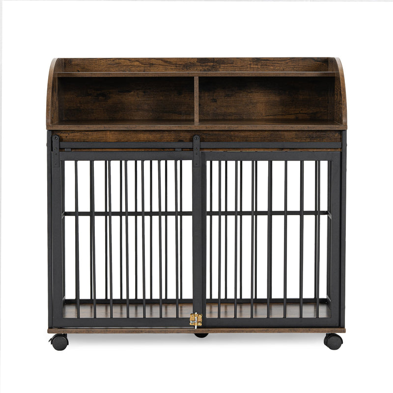 38" Heavy Duty Dog Crate Furniture for Medium Dog with Lockable Wheels, Wooden Dog Crate Dog Kennel, End Table Crate with Double layer storage, Brown