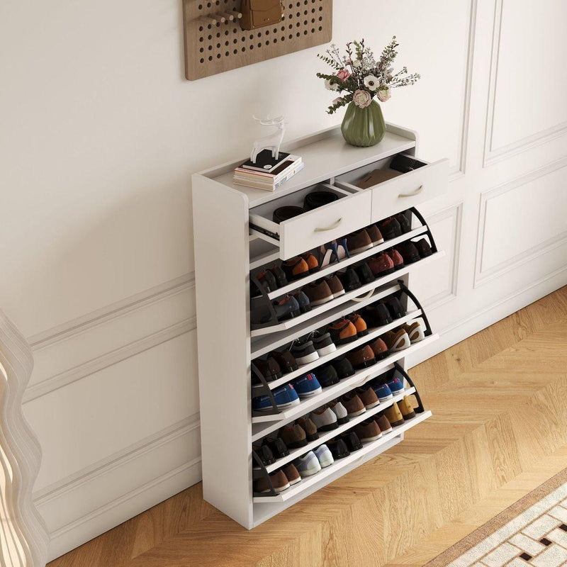 31.49 inches of white solid wood shoe cabinet, three-layer flip bucket shoe storage cabinet, simple and generous for a variety of home style white solid wood shoe cabinet