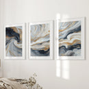 3 Piece Modern Abstract Marble Wall Art: Navy Blue and Gold by Wall Art Set