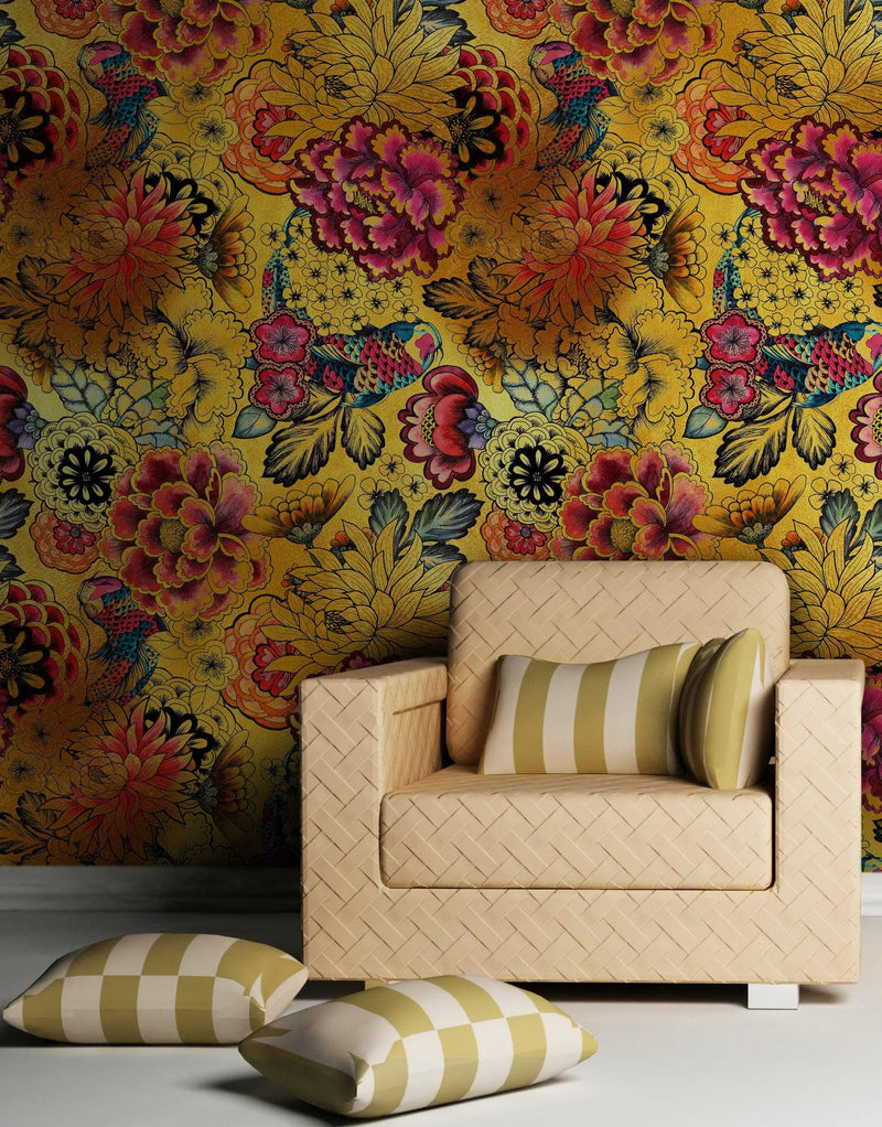 Japanese Art Koi Fish Peel and Stick Wallpaper. Gold Flowers Background.  Removable Wall Mural
