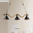 GobekUsa Black Metal & Rope Pendant Light - Farmhouse Style with Wavy Conic Design, 3/5 Bulbs