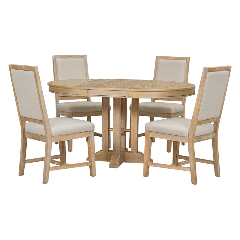 5-Piece Dining Set Extendable Round Table and 4 Upholstered Chairs Farmhouse Dining Set for Kitchen, Dining Room(Natural Wood Wash)