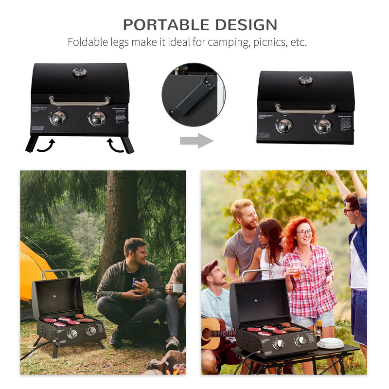 2 Burner Propane Gas Grill Outdoor Portable Tabletop BBQ with Foldable Legs, Lid, Thermometer for Camping, Picnic, Backyard, Black