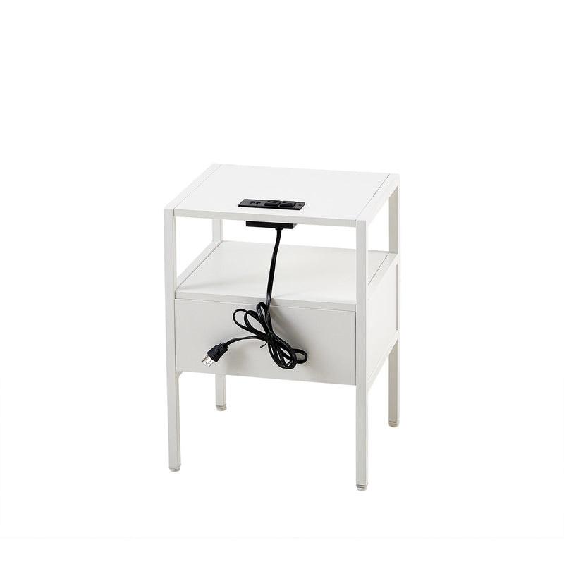 15.75" Rattan End table with Power Outlet & USB Ports, Modern nightstand with drawer and metal legs, side table for living room, bedroom,white(1 PC)