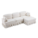 L-Shaped Sectional Sofa With Removable Ruffled Skirt, Flared Arms, Ottoman - White by HouseOfZazla