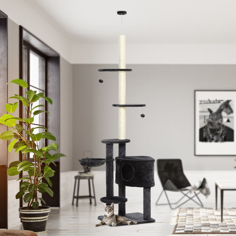 Adjustable Height Floor-To-Ceiling Vertical Cat Tree with Carpet Platforms, Condo & Rope Scratching Areas, Dark Grey