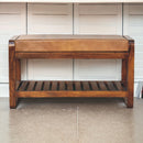 Solid Wood Small Buffalo Slatted Bench, Leather Upholstered, Open Storage
