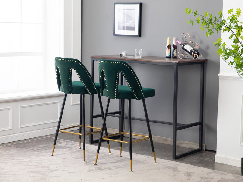 Akoya Collection Modern Contemporary Velvet Upholstered Connor 28" Bar Stool & Counter Stools with Nailheads and Gold Tipped Black Metal Legs, Set of 2 (Green)