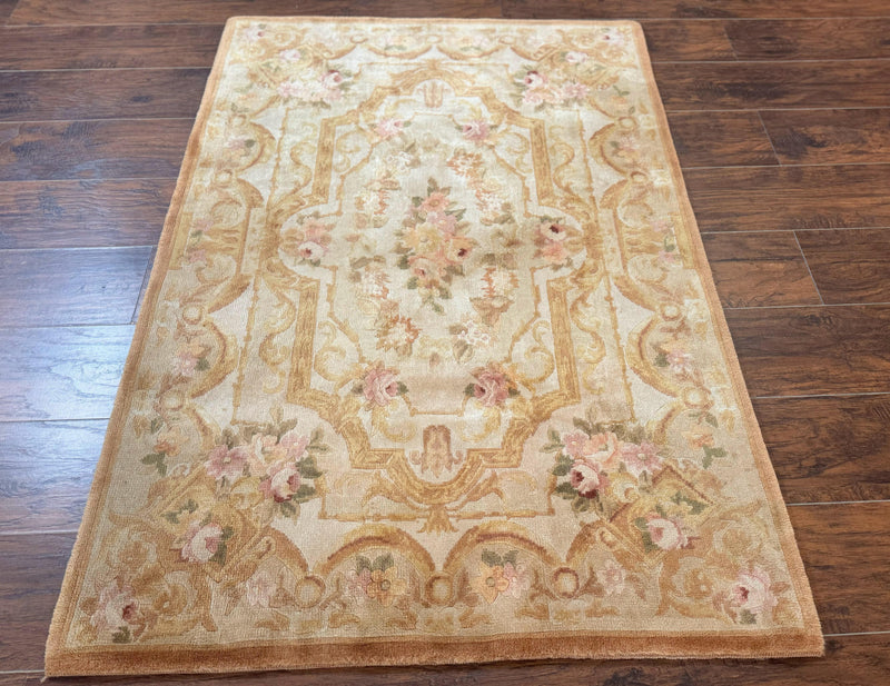 Chinese Aubusson Rug 3.6 x 5, Beige and Gold, Handmade Vintage Elegant European Design Carpet, Plush Wool, Handmade