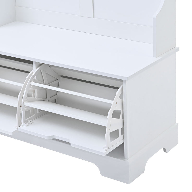 All in One Hall Tree with 3 Top Shelves and 2 Flip Shoe Storage Drawers, Wood Hallway Organizer with Storage Bench and Metal Hanging Hooks, White