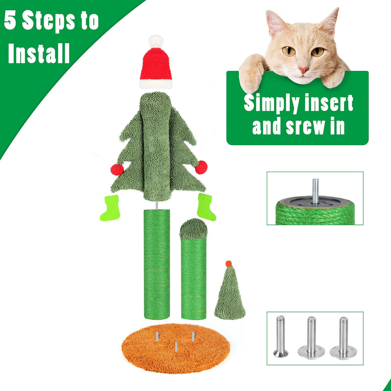32" Cat Scratching Post, Tall Christmas Tree Cat Scratcher with 3 Posts and Cute Dangling Teaser Balls, Natural Sisal Rope Cat Toys for Kitty and Adult Cats