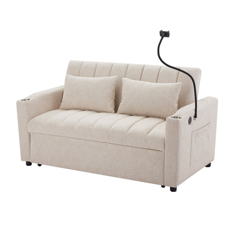 55.9" Convertible Sofa Bed Loveseat Sofa with Three USB Ports, Two Side Pockets, Two Cup Holders and 360Swivel Phone Holder for Living Room, Beige
