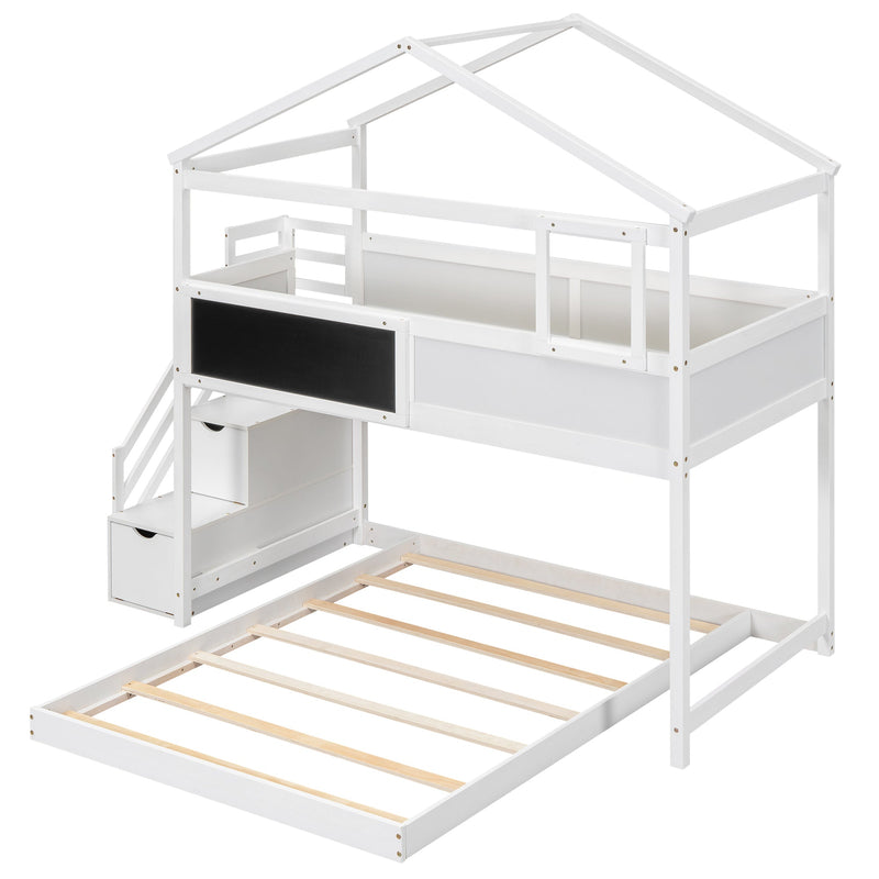 Walker Edison | Twin over Full House Bunk Bed with Storage Staircase and Blackboard, White