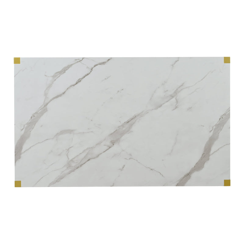 7-Piece Modern Dining Table Set, Rectangular Marble Texture Kitchen Table and 6 PU leather Chairs with X-Shaped Gold Steel Pipe Legs for Dining Room (White)