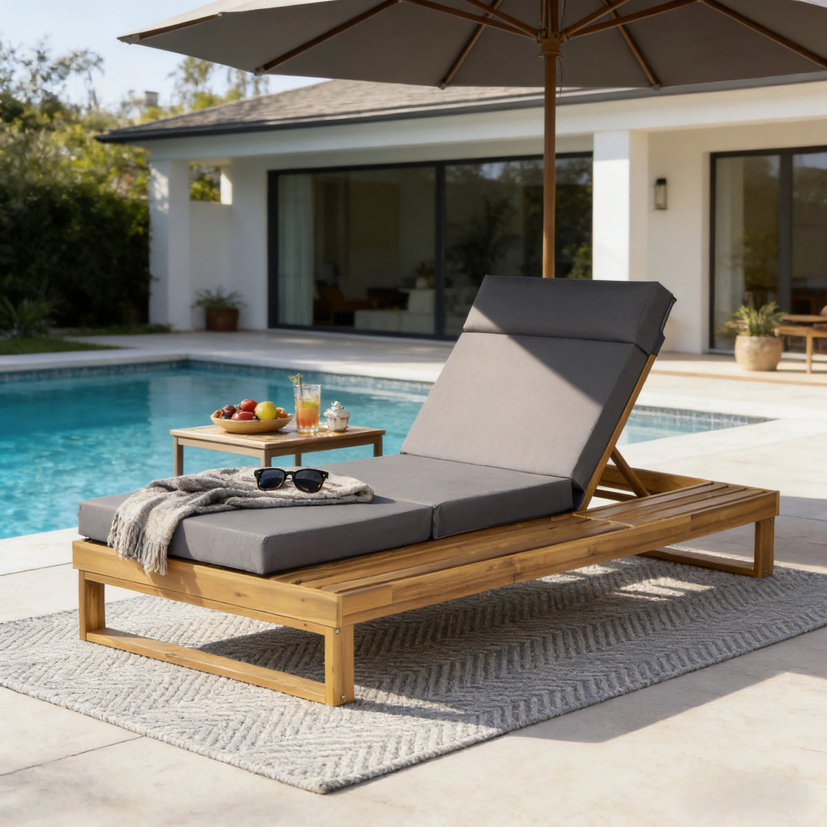 Teak Finish Acacia Wood Chaise Lounge with 4-Inch Cushion, photo 3 of 10