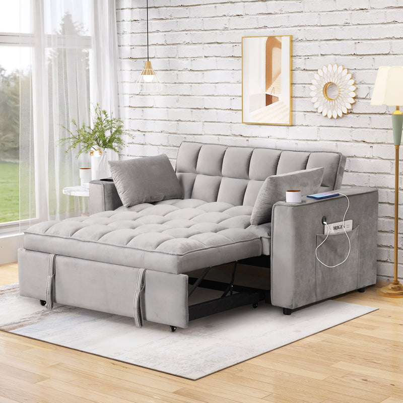 55.3" 4-1 Multi-functional Sofa Bed with Cup Holder and USB Port for Living Room or Apartments, Gray