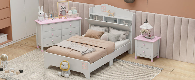 3-Pieces Bedroom Sets Twin Size House Bed with Storage Headboard, Wooden Nightstand and Storage Dresser,White