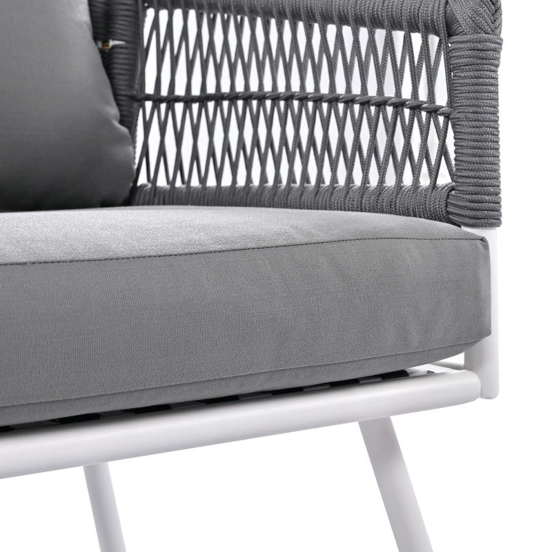 4-Piece Boho Rope Patio Furniture Set, Outdoor Furniture with Acacia Wood Table, Patio Conversation Set with Deep Seating & Thick Cushion for Backyard Porch Balcony, Grey