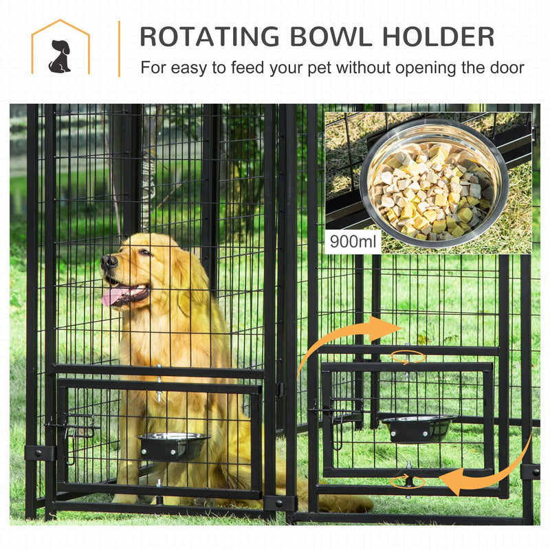 8' x 4' x 6' Outdoor Dog Kennel with Rotating Bowl Holders, Walk-in Pet Playpen, Welded Wire Steel with Water and UV-Resistant Canopy, Red