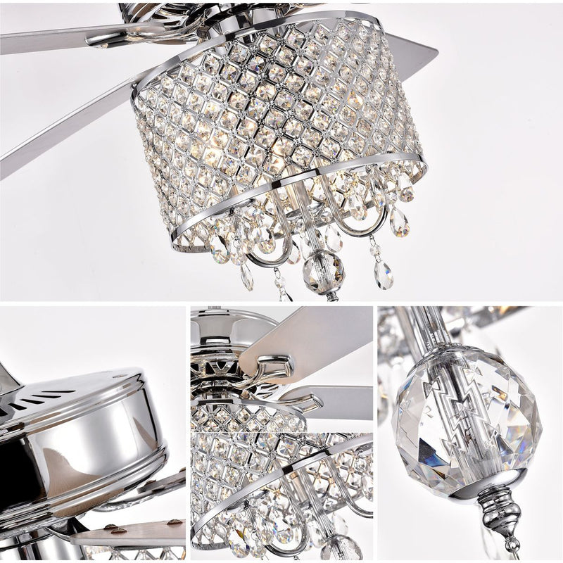52'' Classical Crystal Ceiling Fan Lamp  3 Speed Hand Pull Chain (High, Mid, Low), 5 Reversible Blades for Living Room, Dining Room, Bedroom, Family Room, Chrome  ,3PCS*E12  (NO Include Bulb )