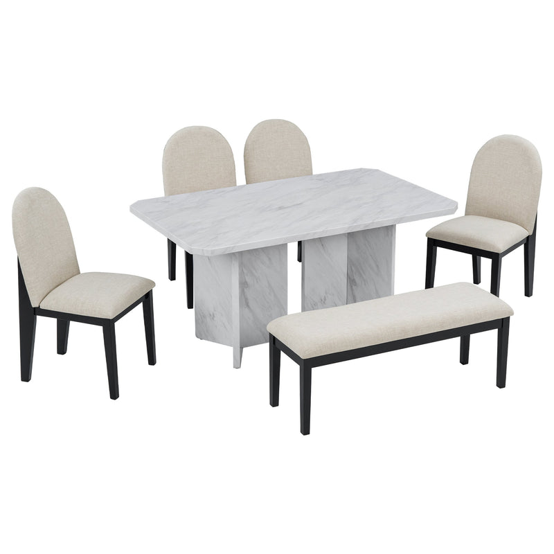 6-Piece Modern Style Dining Set with Faux Marble Table and 4 Upholstered Dining Chairs & 1 Bench (White)