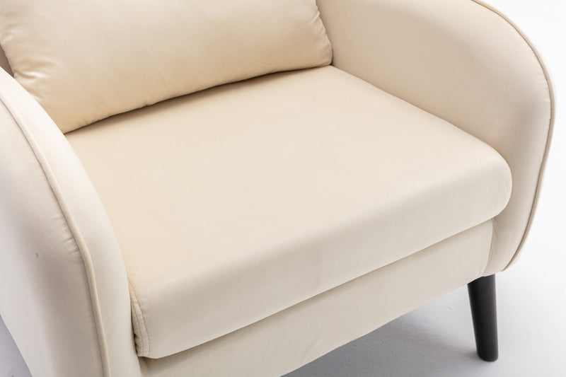 Accent chair, KD solid wood legs with black painting. Fabric cover the seat. With a cushion.